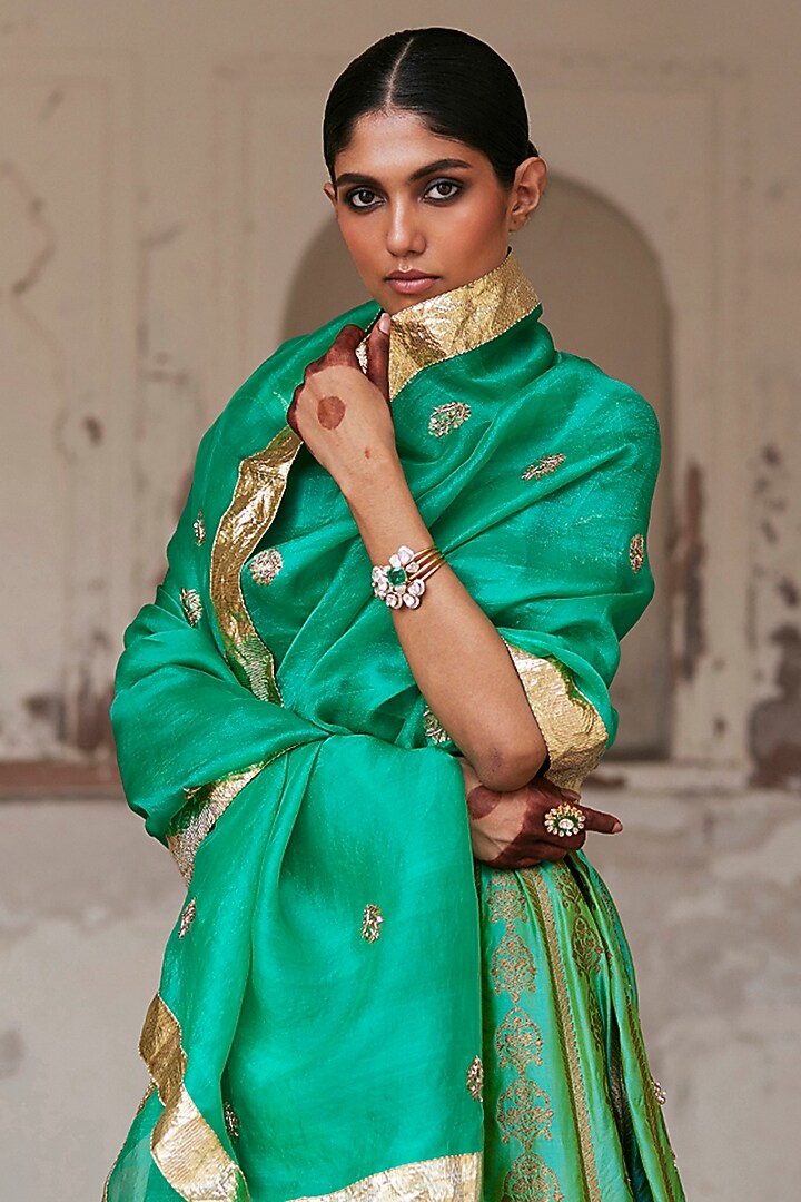 Green Pure Katan Silk Brocade Banarasi Kalidar Wedding Lehenga Set by Weaverstory at Pernia's Pop Up Shop