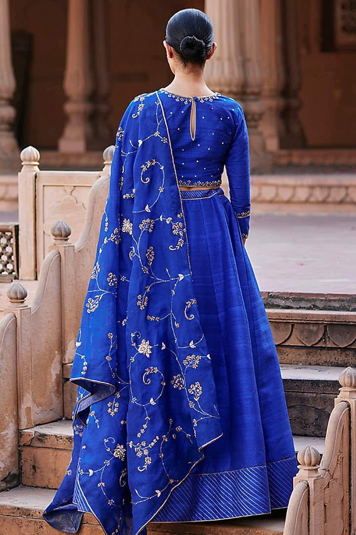 Blue Raw Silk Banarasi Wedding Lehenga Set by Weaverstory at Pernia's Pop Up Shop