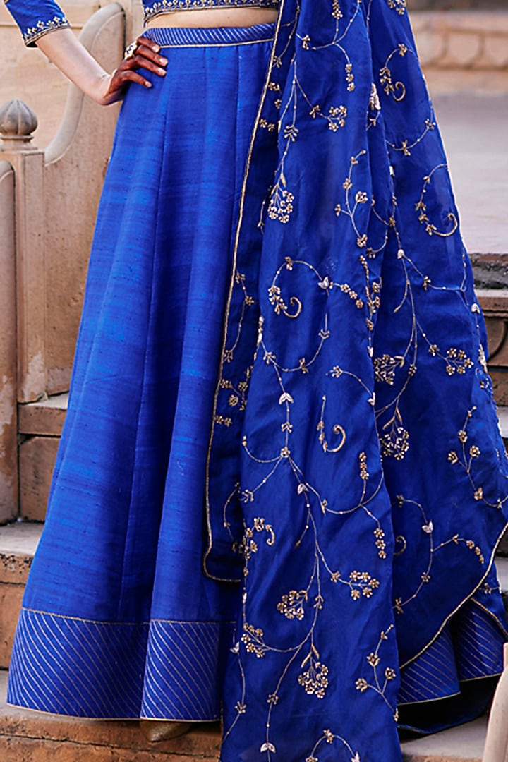 Blue Raw Silk Banarasi Wedding Lehenga Set by Weaverstory at Pernia's Pop Up Shop