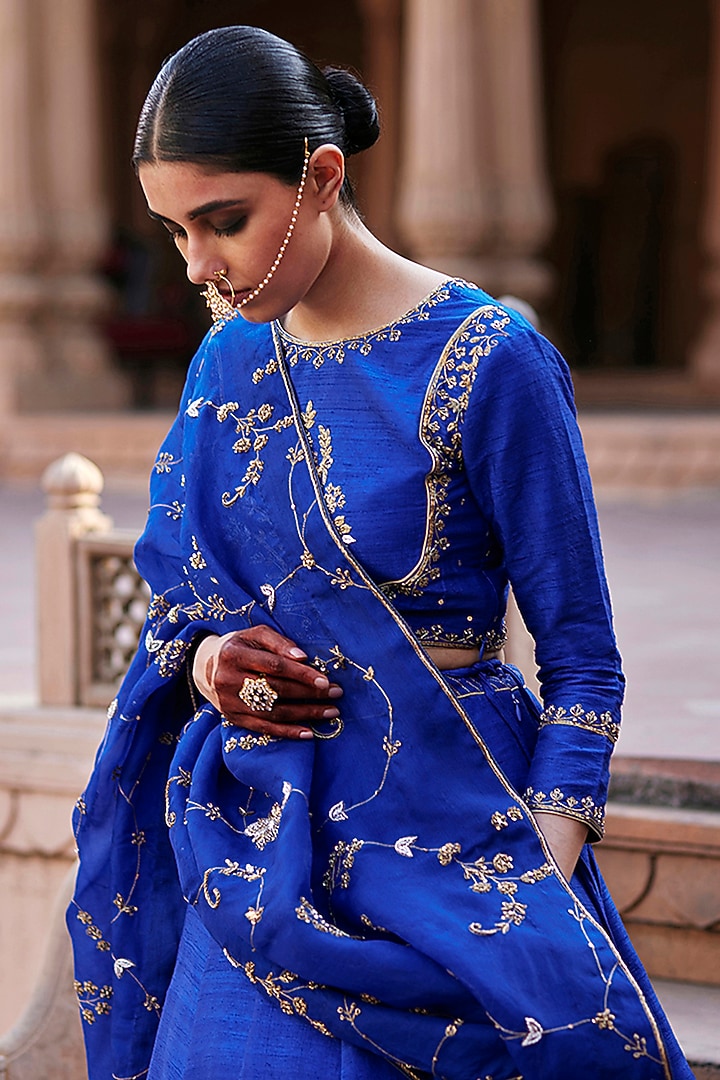 Blue Raw Silk Banarasi Wedding Lehenga Set by Weaverstory at Pernia's Pop Up Shop