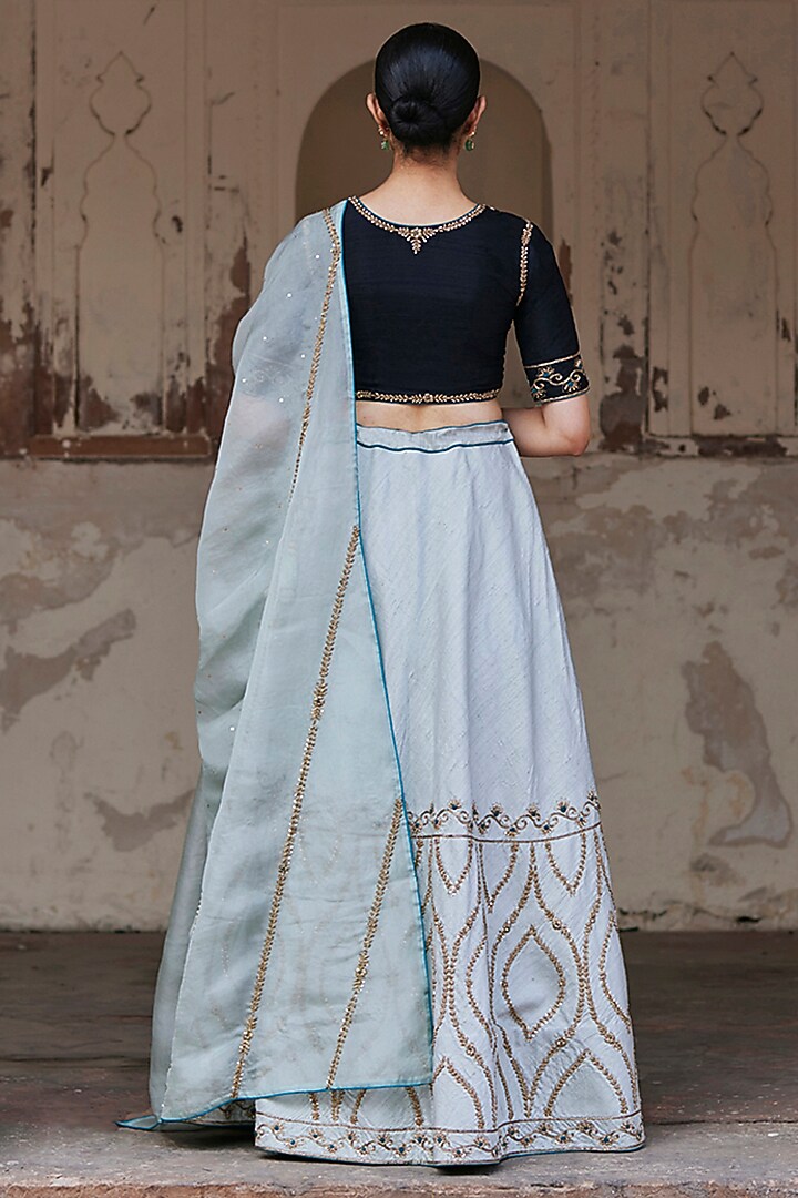 Mint Green Raw Silk Zardosi Hand Embroidered Kalidar Bridal Lehenga Set by Weaverstory at Pernia's Pop Up Shop
