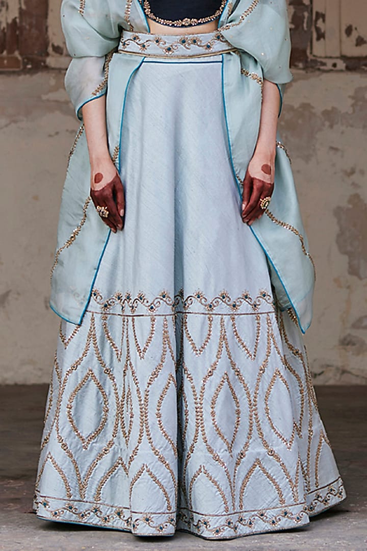 Mint Green Raw Silk Zardosi Hand Embroidered Kalidar Bridal Lehenga Set by Weaverstory at Pernia's Pop Up Shop