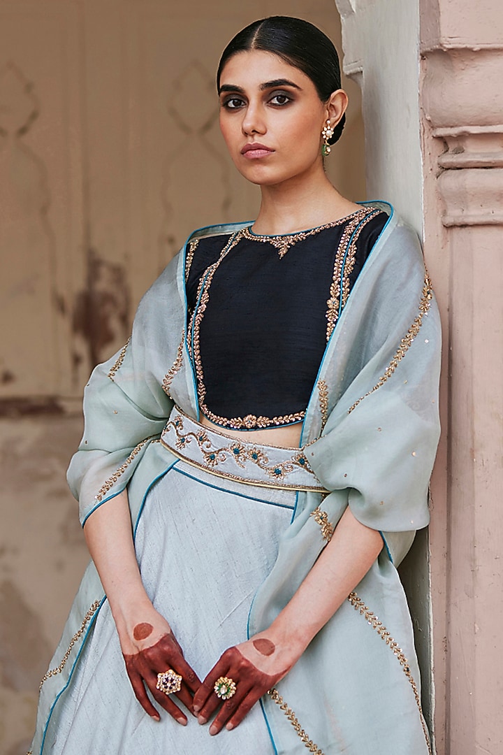 Mint Green Raw Silk Zardosi Hand Embroidered Kalidar Bridal Lehenga Set by Weaverstory at Pernia's Pop Up Shop