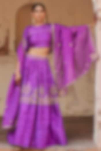 Purple Raw Silk Zardosi Motif Hand Embroidered Kalidar Wedding Lehenga Set by Weaverstory at Pernia's Pop Up Shop