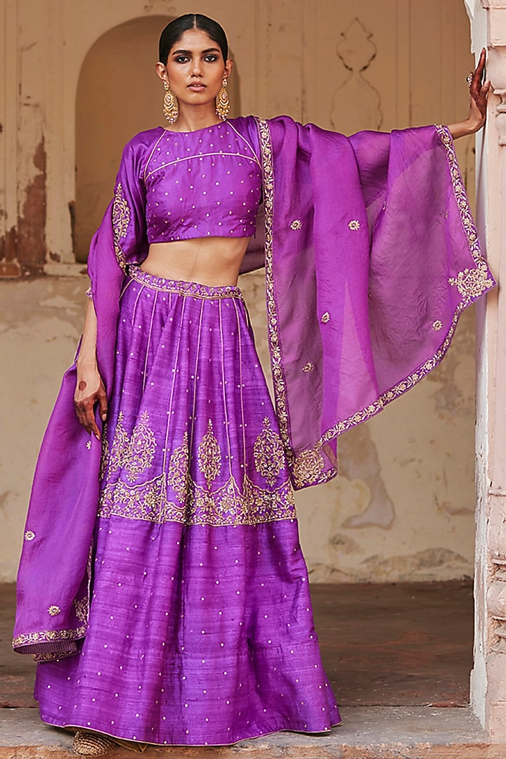 Purple Raw Silk Zardosi Motif Hand Embroidered Kalidar Wedding Lehenga Set by Weaverstory at Pernia's Pop Up Shop