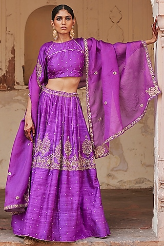 Purple Raw Silk Zardosi Motif Hand Embroidered Kalidar Lehenga Set by Weaverstory