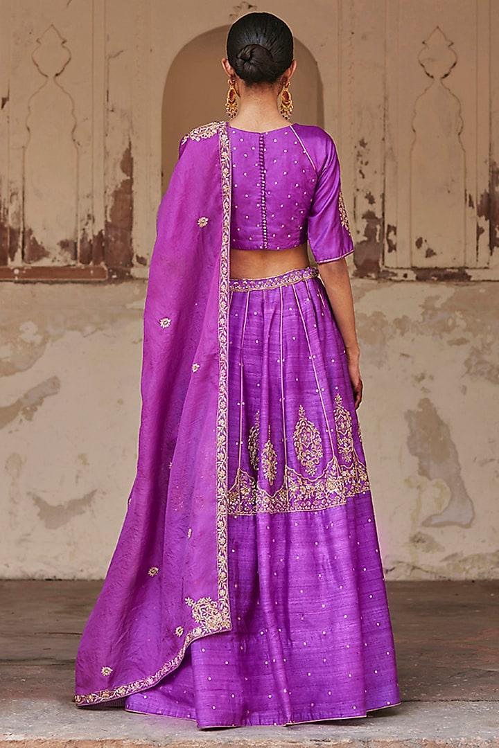 Purple Raw Silk Zardosi Motif Hand Embroidered Kalidar Bridal Lehenga Set by Weaverstory at Pernia's Pop Up Shop