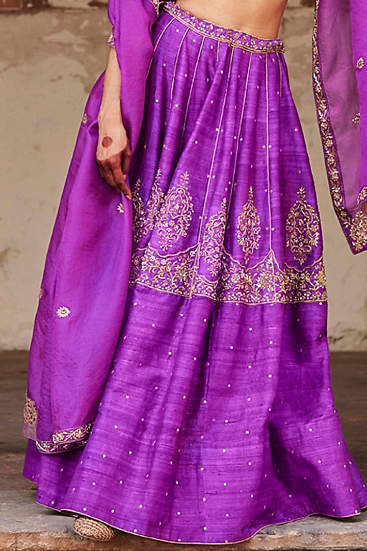 Purple Raw Silk Zardosi Motif Hand Embroidered Kalidar Bridal Lehenga Set by Weaverstory at Pernia's Pop Up Shop