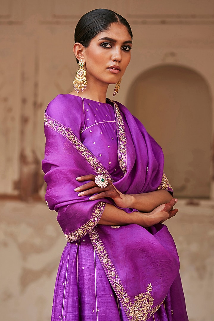 Purple Raw Silk Zardosi Motif Hand Embroidered Kalidar Bridal Lehenga Set by Weaverstory at Pernia's Pop Up Shop