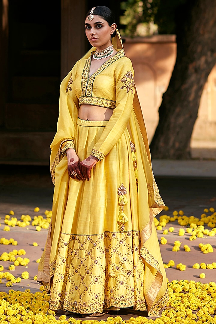 Yellow Raw Silk Zardosi Hand Embroidered Kalidar Wedding Lehenga Set by Weaverstory at Pernia's Pop Up Shop