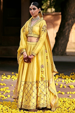 Yellow Raw Silk Zardosi Hand Embroidered Kalidar Lehenga Set by Weaverstory