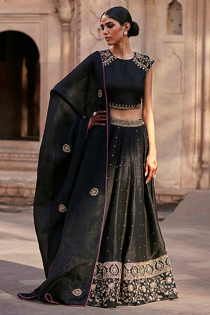 Black Raw Silk Zardosi Embroidered Kalidar Wedding Lehenga Set by Weaverstory at Pernia's Pop Up Shop