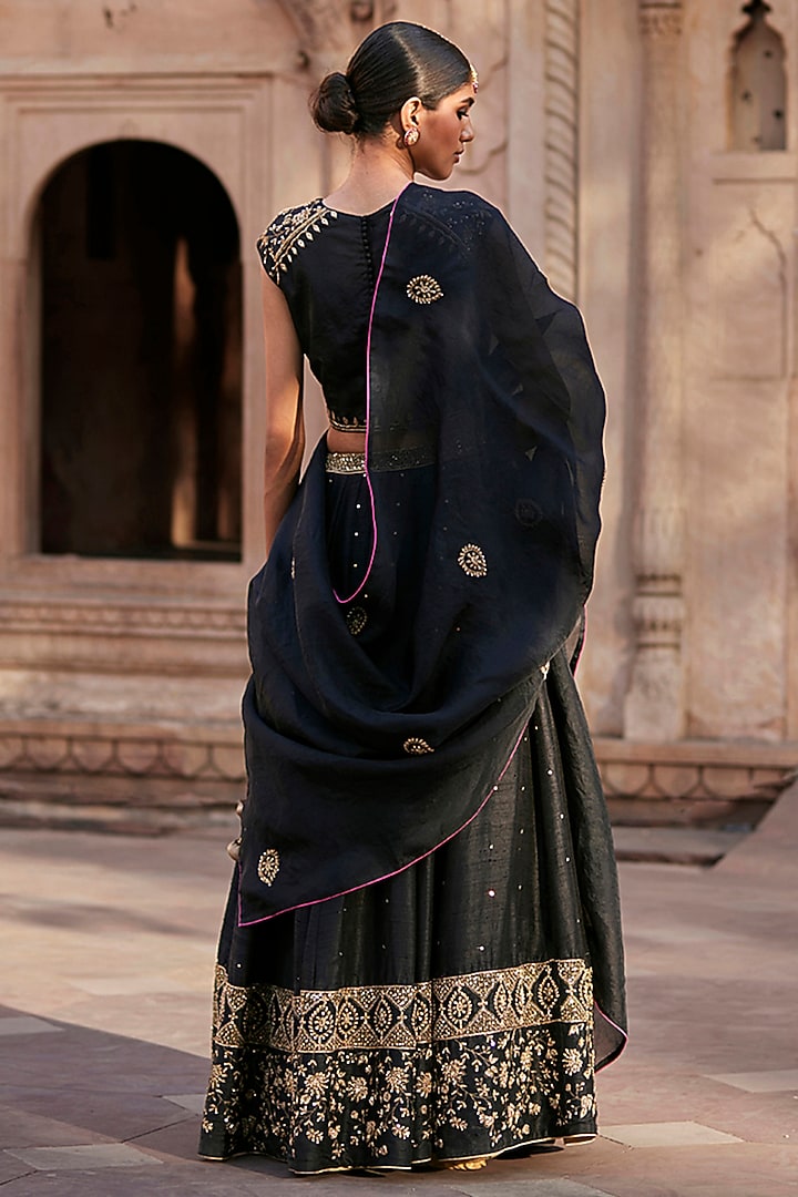 Black Raw Silk Zardosi Embroidered Kalidar Wedding Lehenga Set by Weaverstory at Pernia's Pop Up Shop
