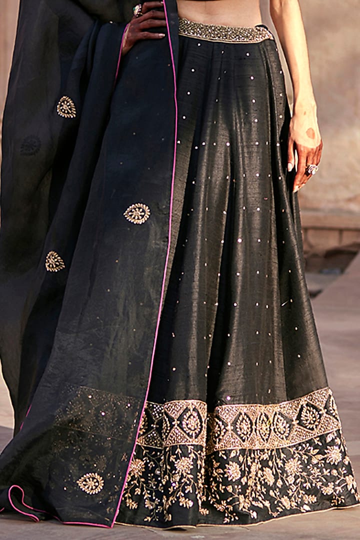 Black Raw Silk Zardosi Embroidered Kalidar Wedding Lehenga Set by Weaverstory at Pernia's Pop Up Shop