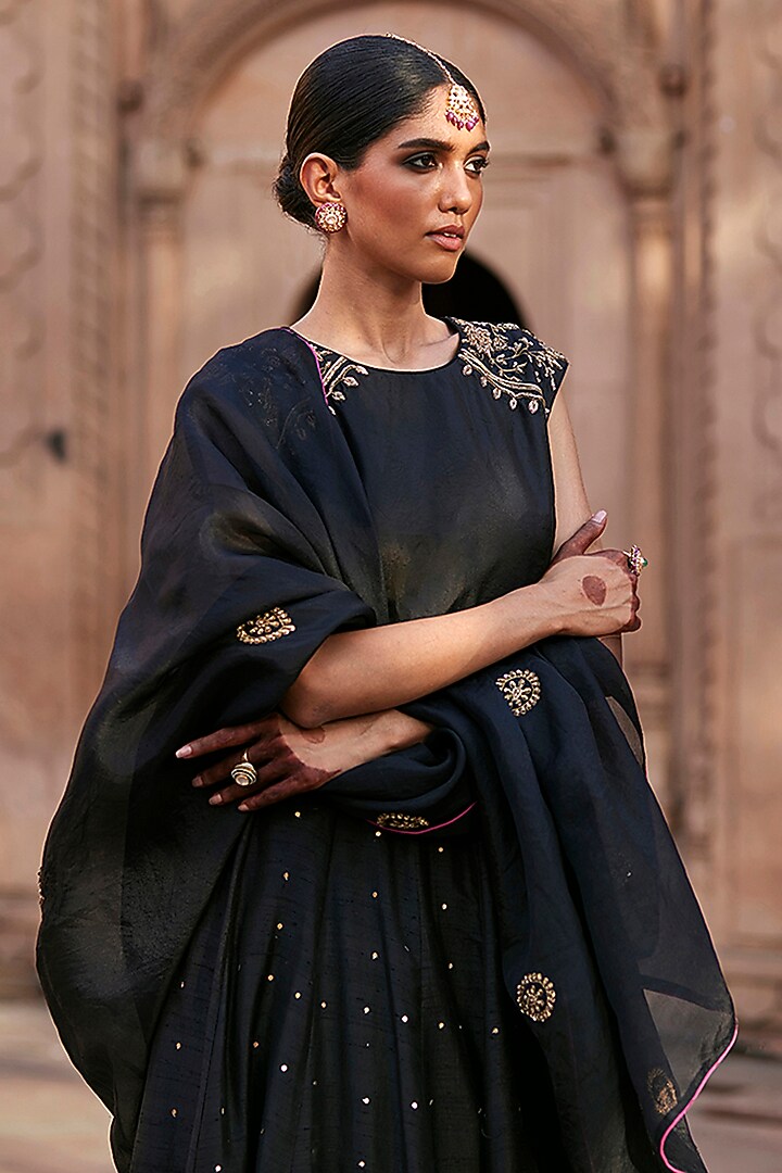 Black Raw Silk Zardosi Embroidered Kalidar Wedding Lehenga Set by Weaverstory at Pernia's Pop Up Shop
