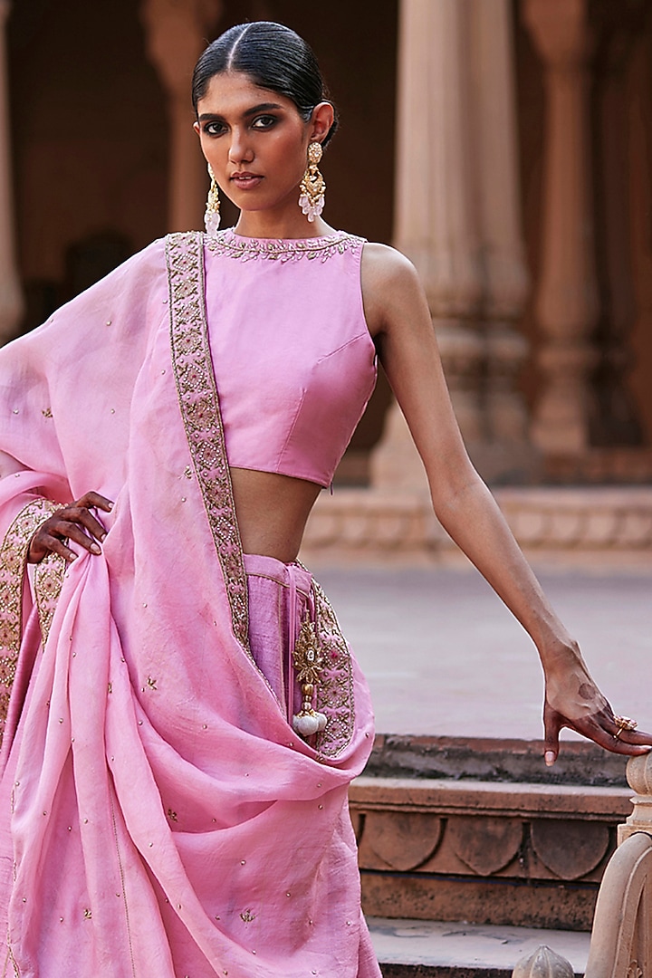 Baby Pink Raw Silk Zardosi Hand Embroidered Kalidar Wedding Lehenga Set by Weaverstory at Pernia's Pop Up Shop
