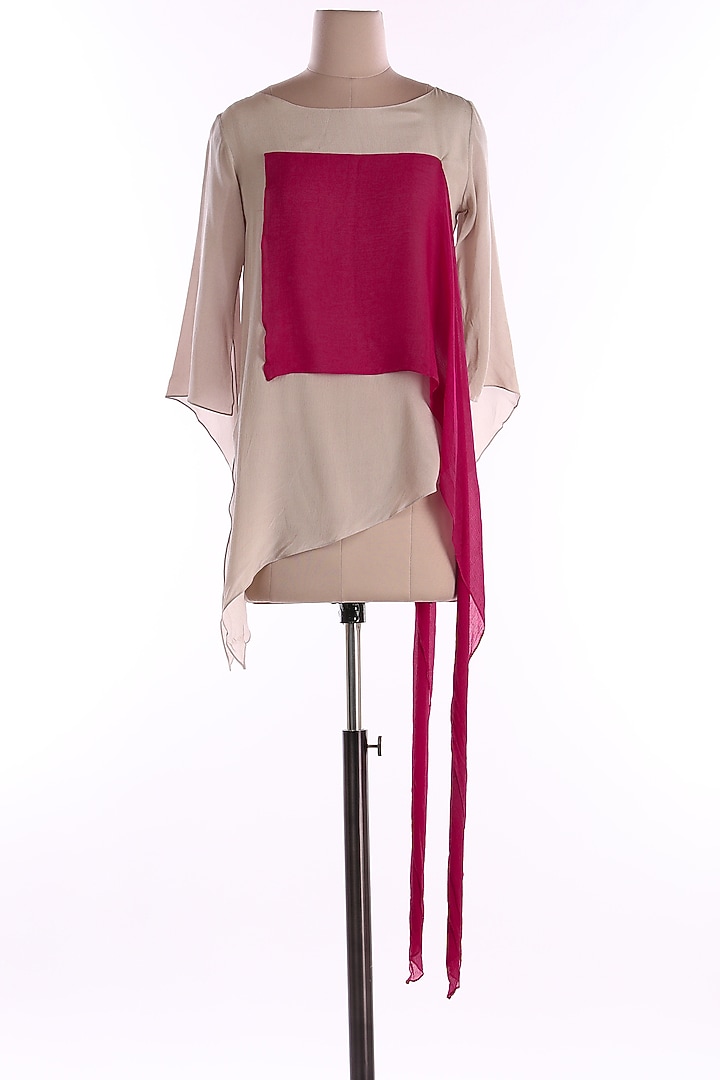 Beige & Red Asymmetric Tunic by Wendell Rodricks at Pernia's Pop Up Shop