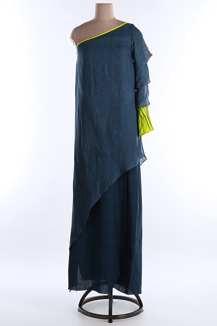 Midnight Blue One Shoulder Asymmetric Dress by Wendell Rodricks