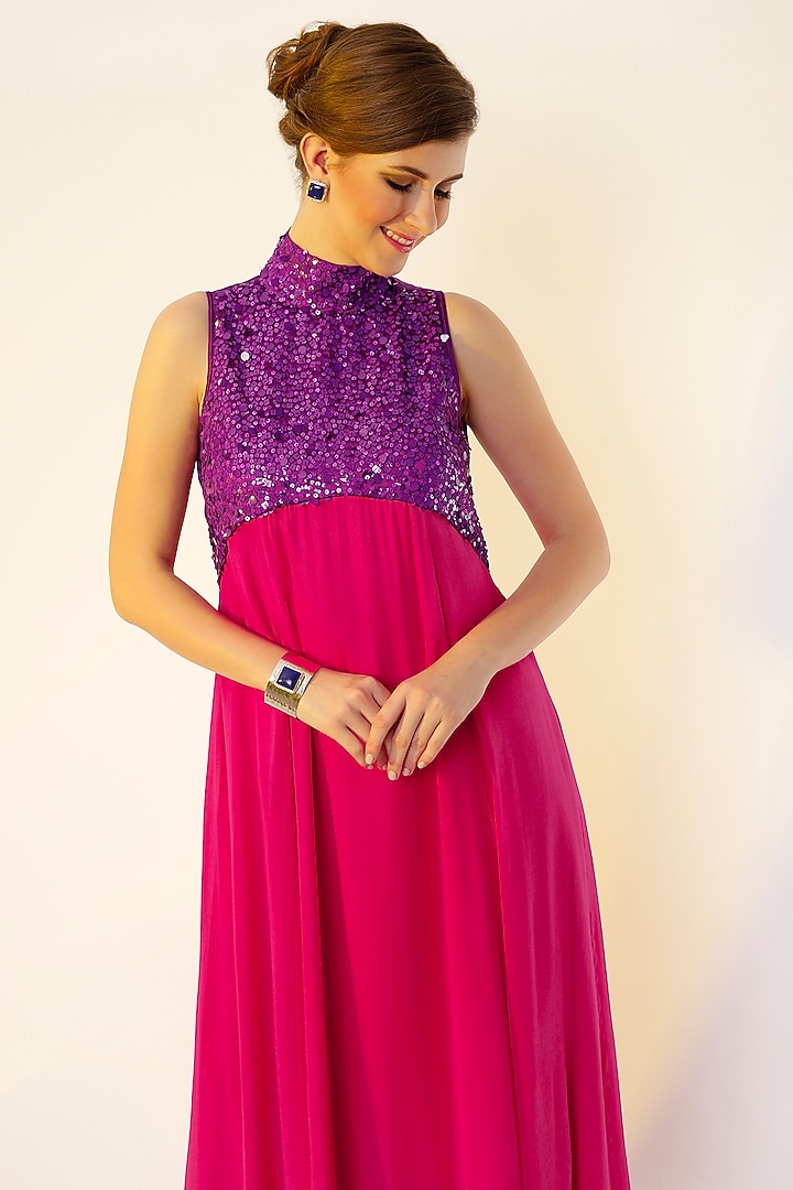 Fuchsia & Purple Hand Embroidered Gown by Wendell Rodricks at Pernia's Pop Up Shop