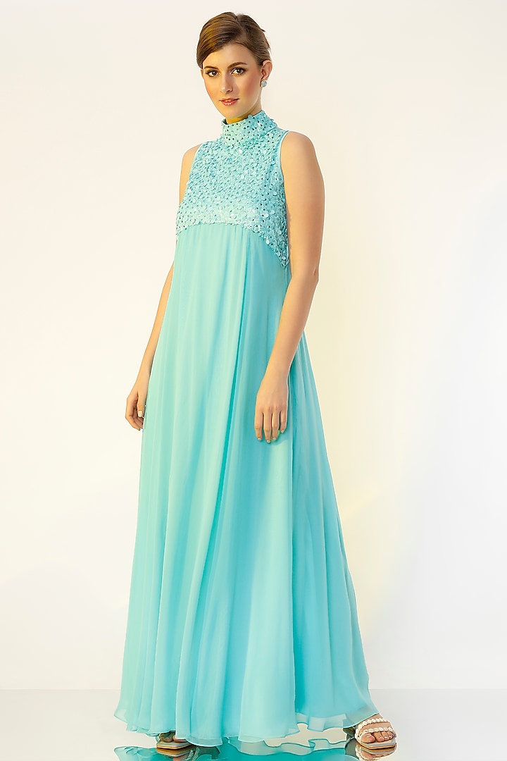 Sea-Green Hand Embroidered Gown by Wendell Rodricks at Pernia's Pop Up Shop