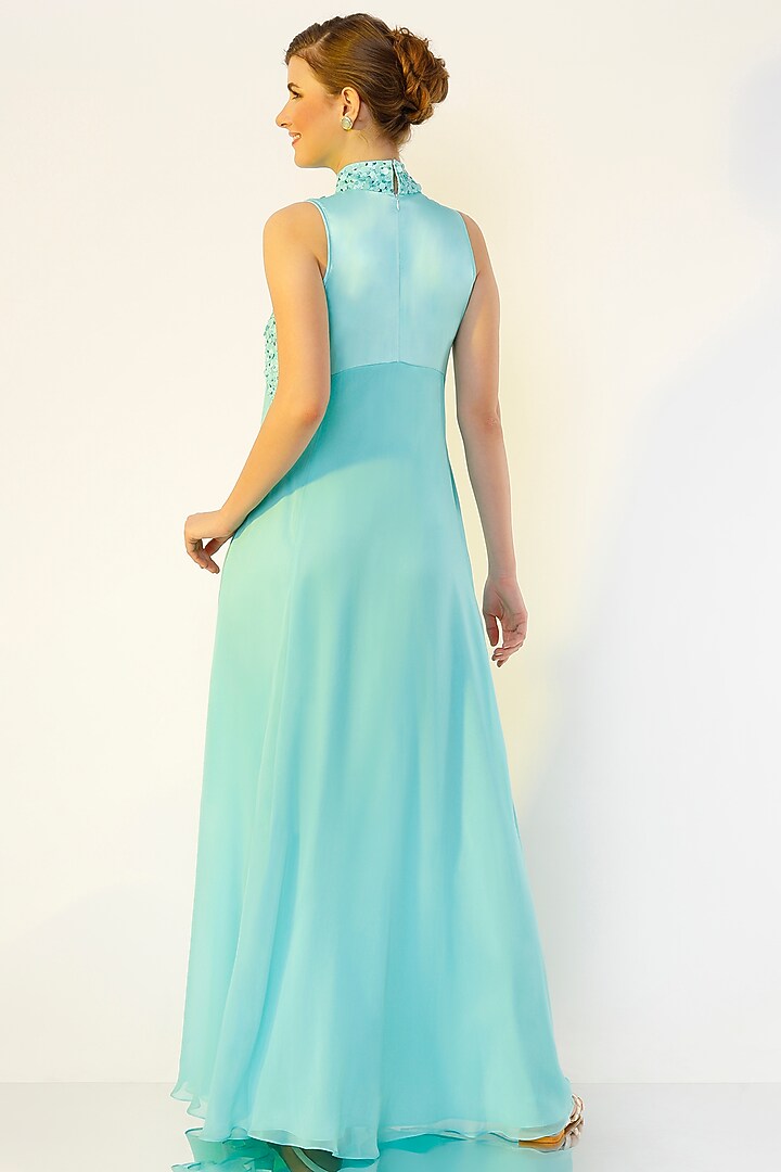 Sea-Green Hand Embroidered Gown by Wendell Rodricks at Pernia's Pop Up Shop
