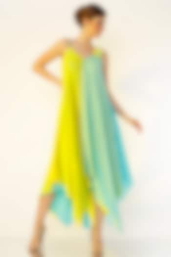 Lime Yellow & Sea-Green Asymmetrical Gown by Wendell Rodricks at Pernia's Pop Up Shop