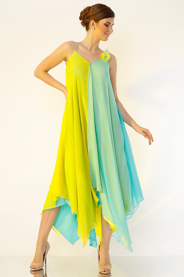 Lime Yellow & Sea-Green Asymmetrical Gown by Wendell Rodricks