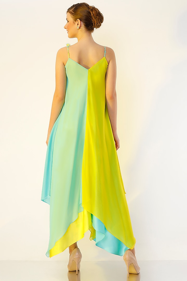Lime Yellow & Sea-Green Asymmetrical Gown by Wendell Rodricks at Pernia's Pop Up Shop