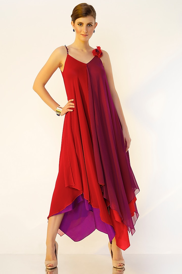 Red & Purple Asymmetrical Gown by Wendell Rodricks