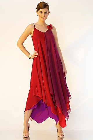Red & Purple Asymmetrical Gown by Wendell Rodricks
