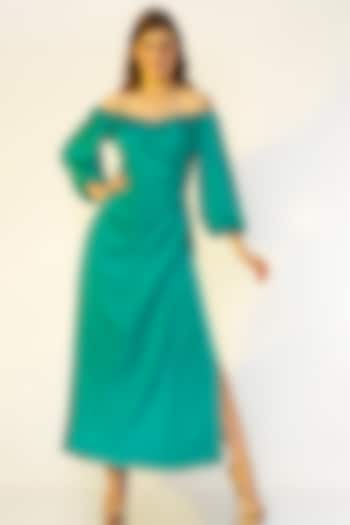 Dark Turquoise Hand Embroidered Gown by Wendell Rodricks at Pernia's Pop Up Shop