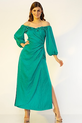 Dark Turquoise Hand Embroidered Gown by Wendell Rodricks