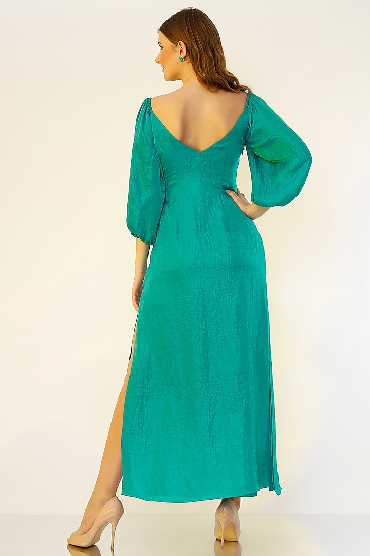 Dark Turquoise Hand Embroidered Gown by Wendell Rodricks at Pernia's Pop Up Shop