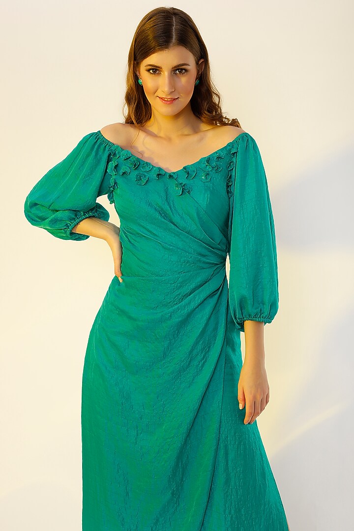 Dark Turquoise Hand Embroidered Gown by Wendell Rodricks at Pernia's Pop Up Shop