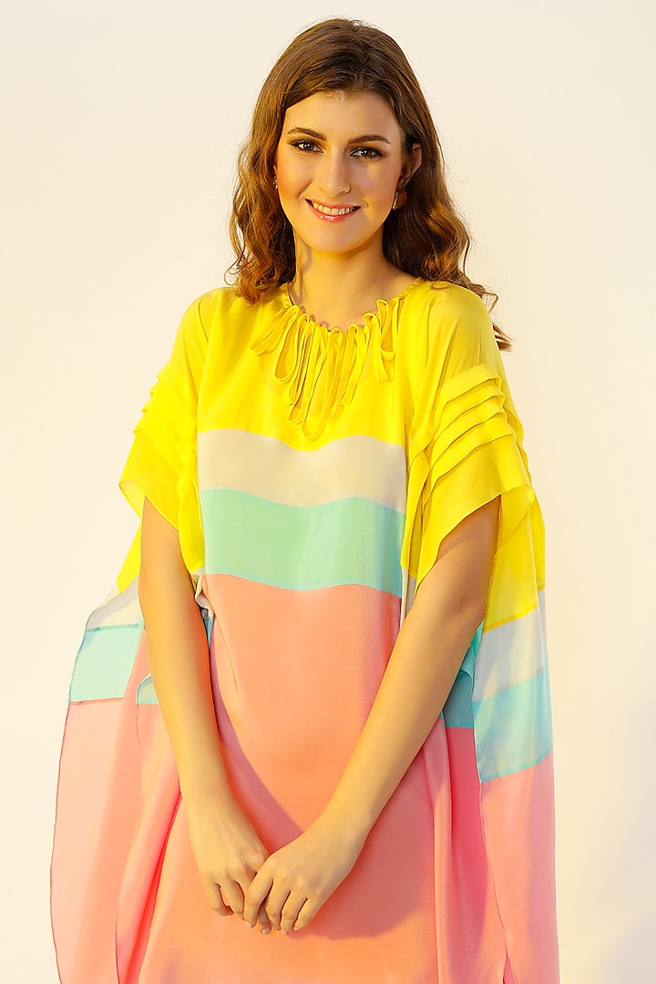Lime-yellow & Pink High-low Kaftan by Wendell Rodricks at Pernia's Pop Up Shop