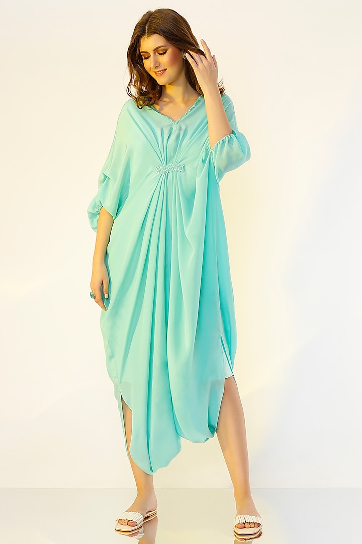 Sea-Green Pleated Kaftan by Wendell Rodricks at Pernia's Pop Up Shop