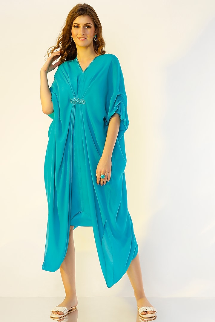 Turquoise Pleated Kaftan by Wendell Rodricks at Pernia's Pop Up Shop