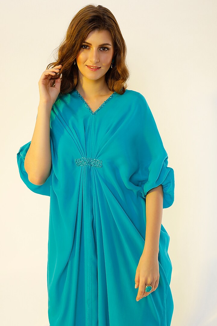 Turquoise Pleated Kaftan by Wendell Rodricks at Pernia's Pop Up Shop