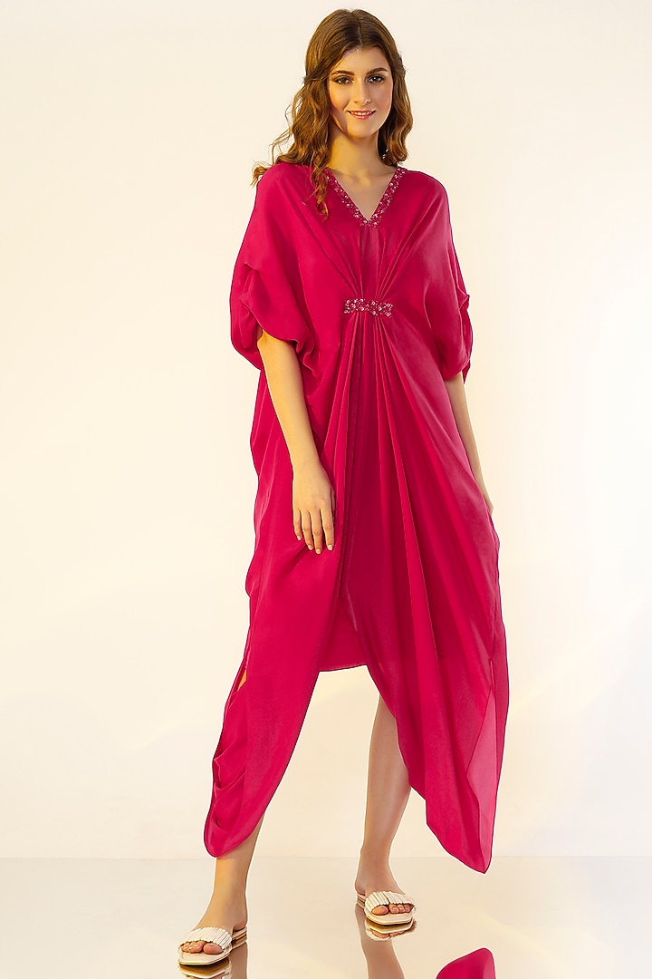 Fuchsia Pleated Kaftan by Wendell Rodricks at Pernia's Pop Up Shop