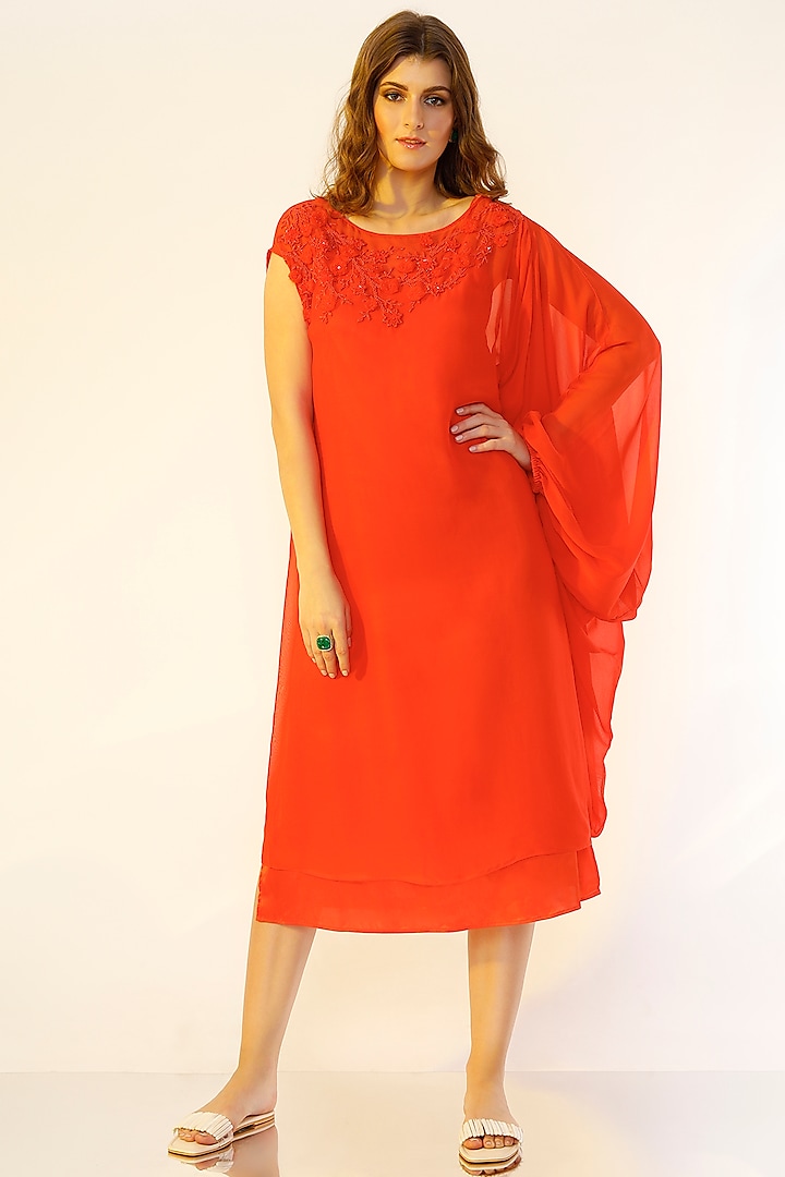 Coral Orange Draped Sleeve Dress by Wendell Rodricks at Pernia's Pop Up Shop