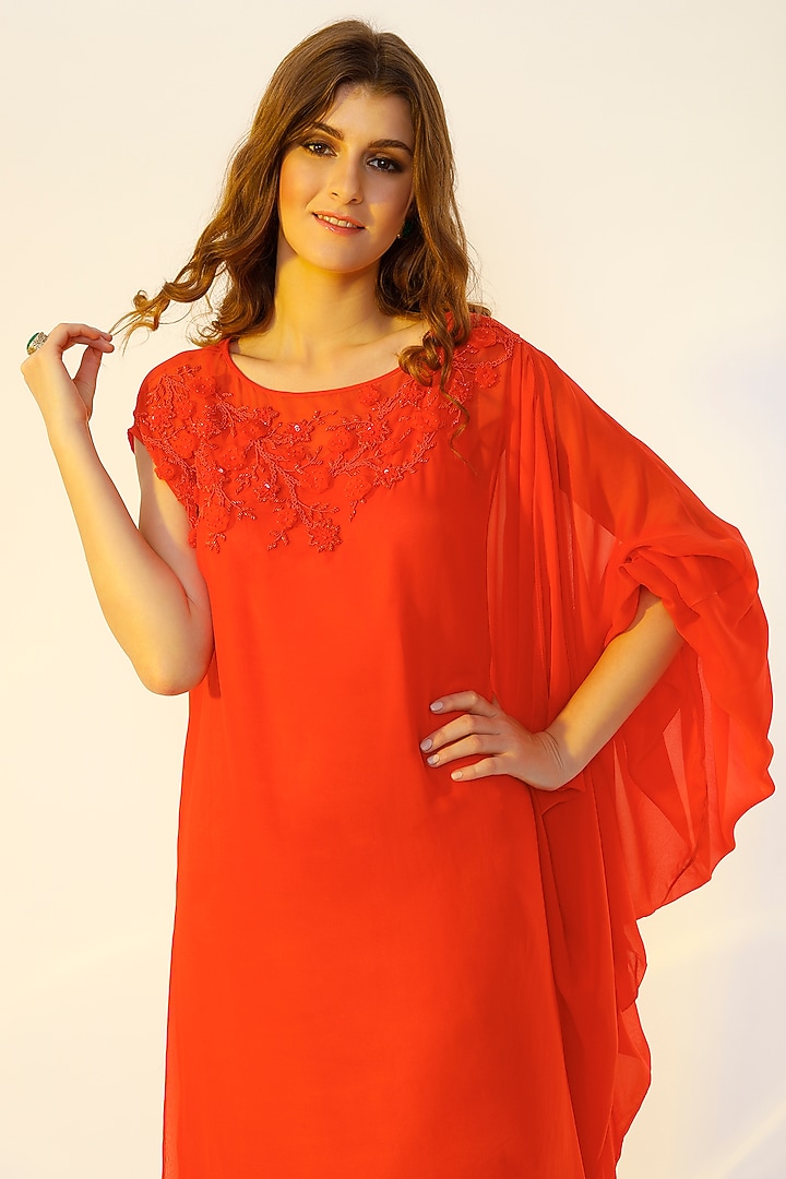 Coral Orange Draped Sleeve Summer Dress by Wendell Rodricks at Pernia's Pop Up Shop
