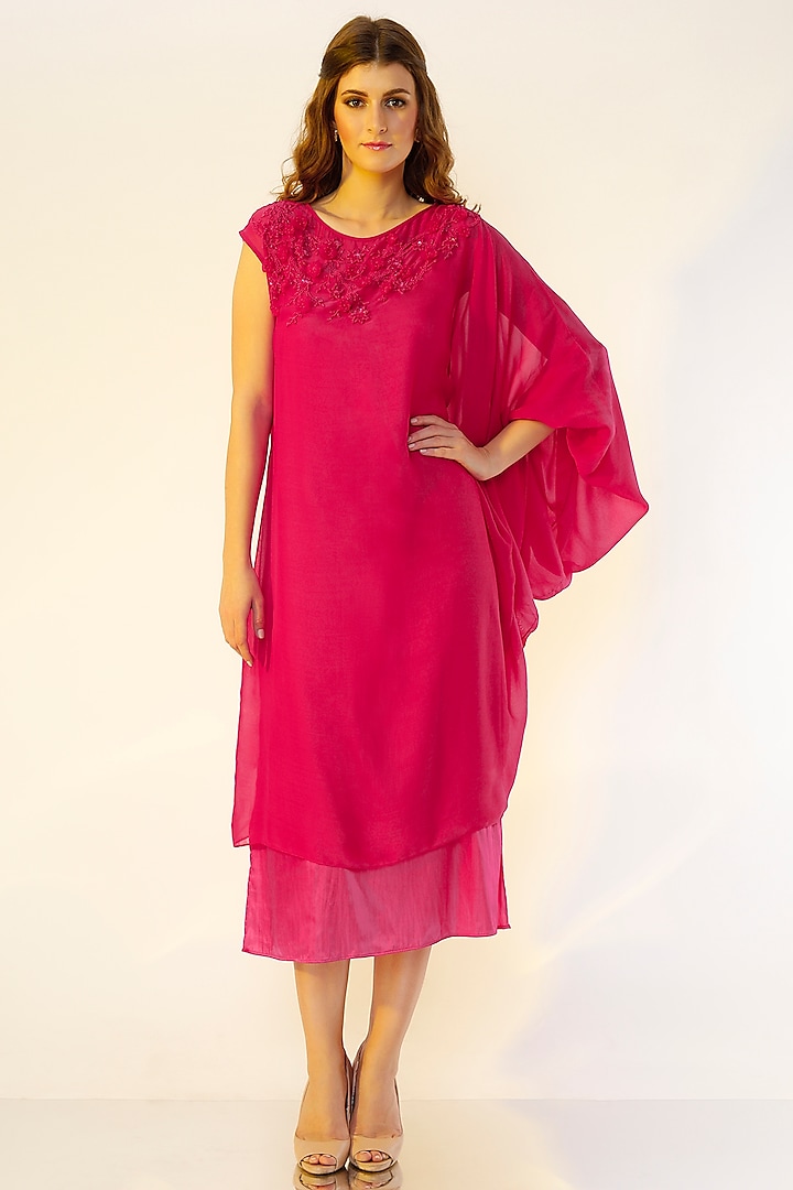 Fuchsia Draped Sleeve Dress by Wendell Rodricks