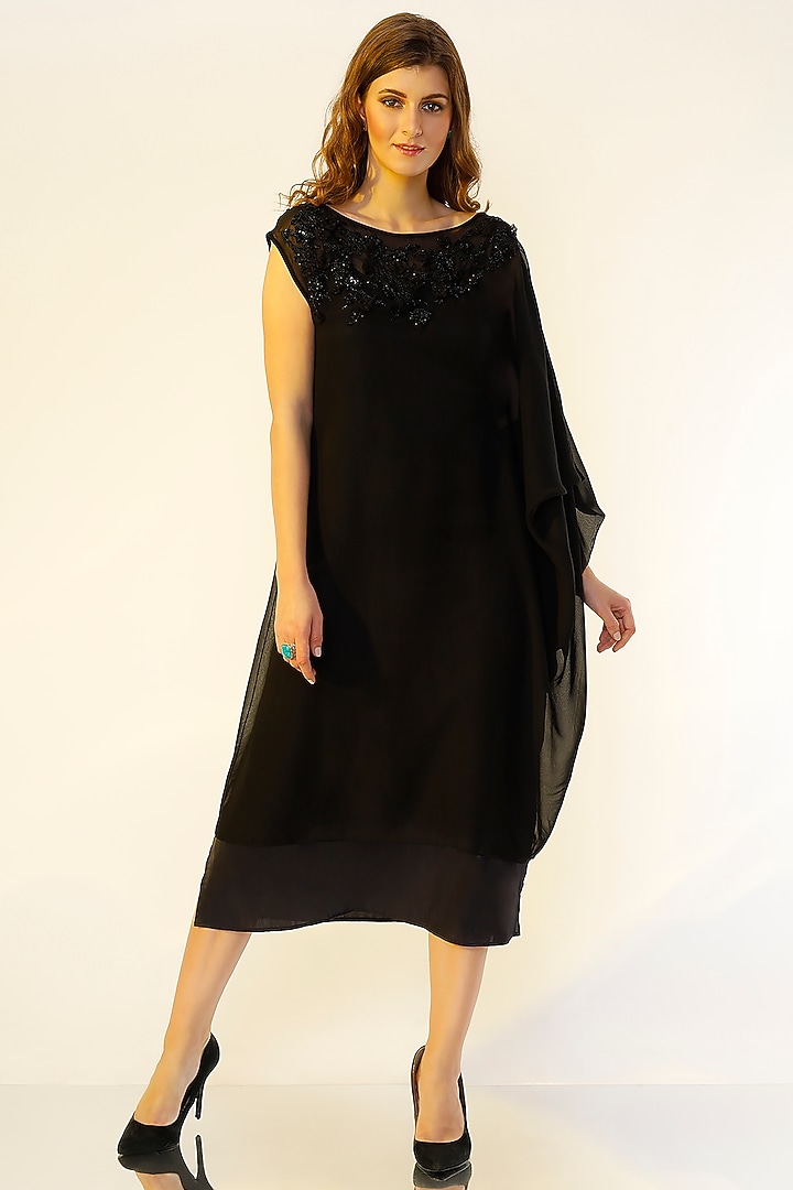 Black Draped Sleeve Summer Dress by Wendell Rodricks at Pernia's Pop Up Shop