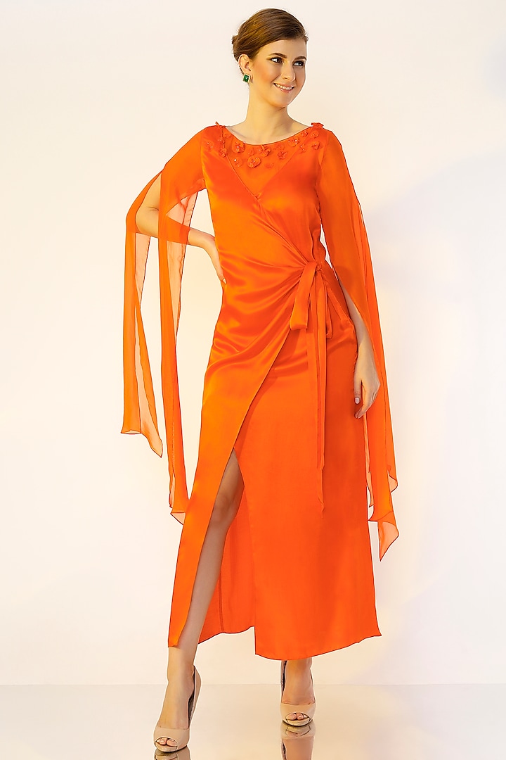 Orange Hand Embroidered Gown by Wendell Rodricks