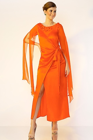 Orange Hand Embroidered Gown by Wendell Rodricks