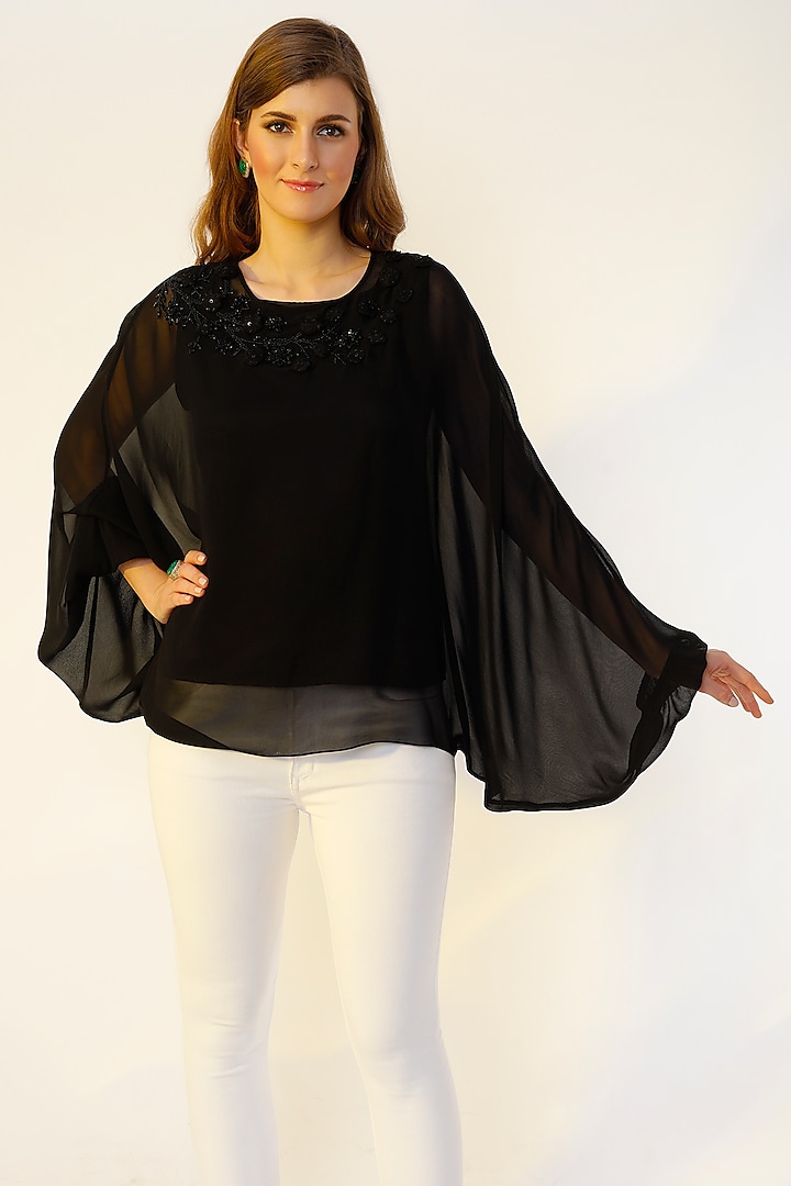 Black Embroidered Kaftan Top by Wendell Rodricks at Pernia's Pop Up Shop