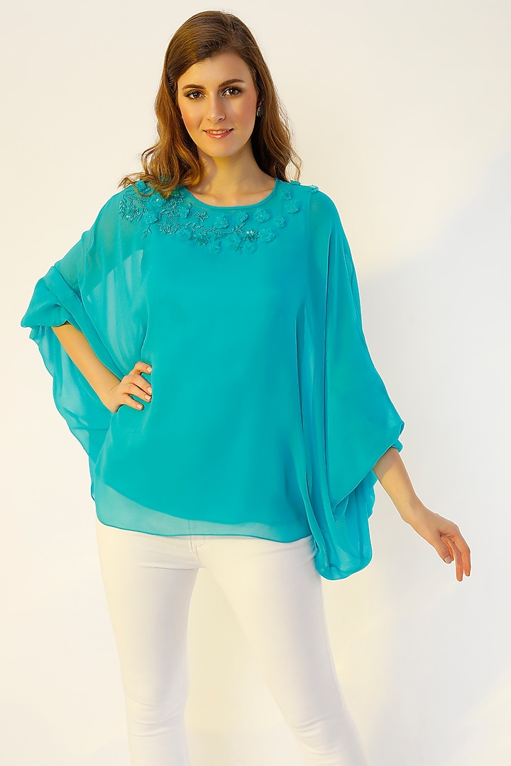 Turquoise Embroidered Kaftan Top by Wendell Rodricks