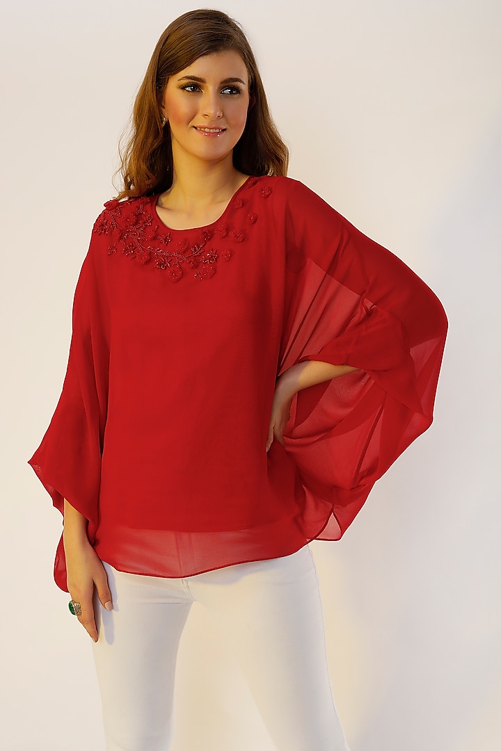 Red Hand Embroidered Kaftan Top by Wendell Rodricks