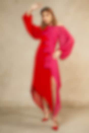 Magenta & Red Flame Cascade Dress by Wendell Rodricks