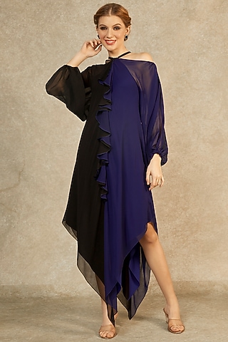 Midnight Blue & Black Cascade Dress by Wendell Rodricks